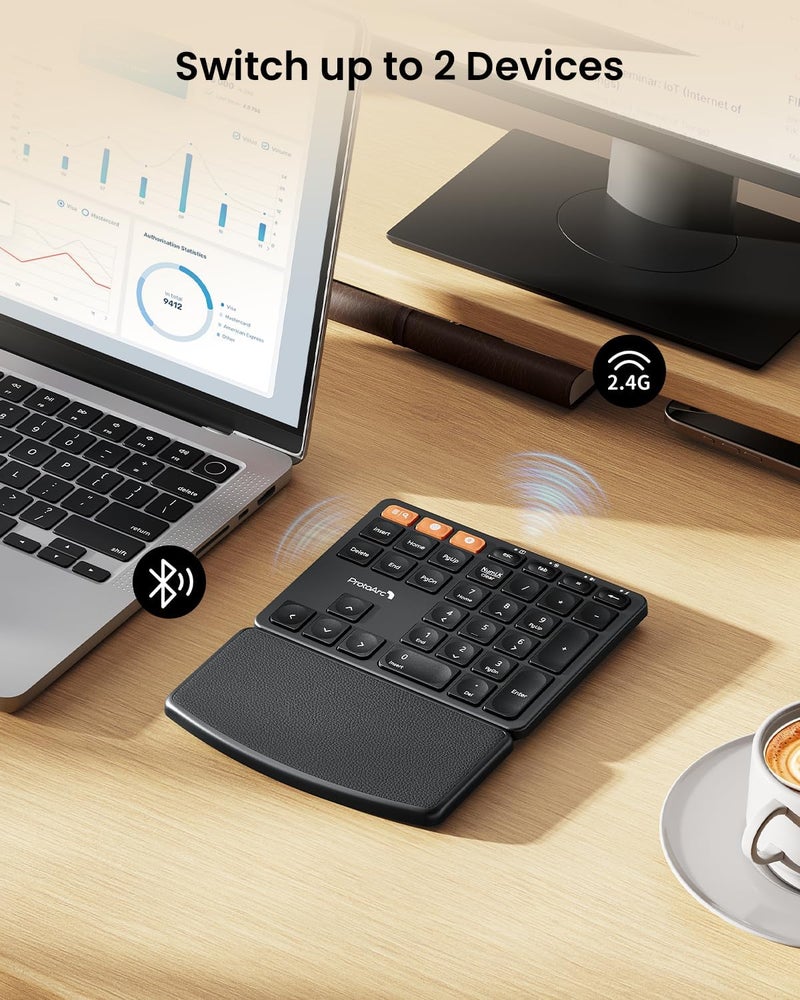 ProtoArc Wireless Number Pad, EK04 N Ergonomic Numeric Keypad with Wrist Rest, Bluetooth and USB, Rechargeable, for Windows PC/Laptop, Mac OS - Image 2